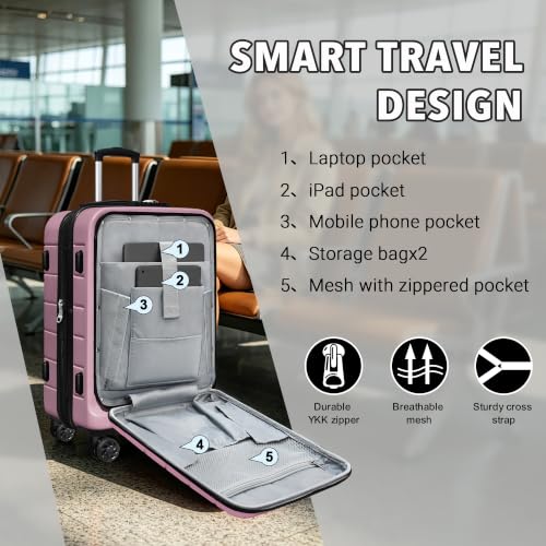 Image of KEYTANG SmileLine 3-Piece Luggage Set Lightweight Hardside Suitcase TSA Lock Spinner Wheels, 20 inch Expandable Carry-On Luggage with Quick Access Front Open Pocket, Bonus Makeup Bag,Pink