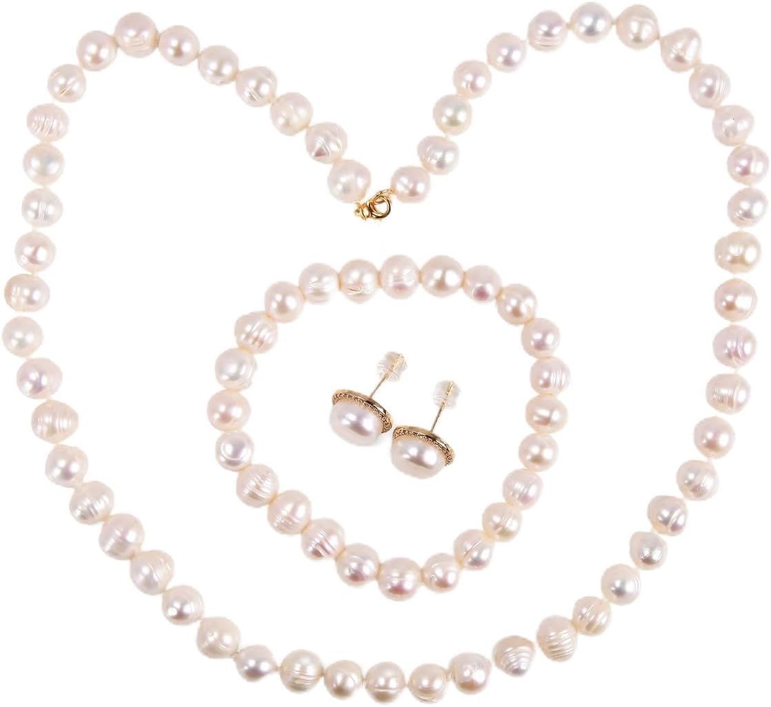 Freshwater Cultured Pearl Necklace Set Bracelet and Stud Earrings Jewelry for Women S925