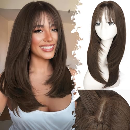 Eawwii Wig with Bangs for Women Medium Brown Straight Face-Framing