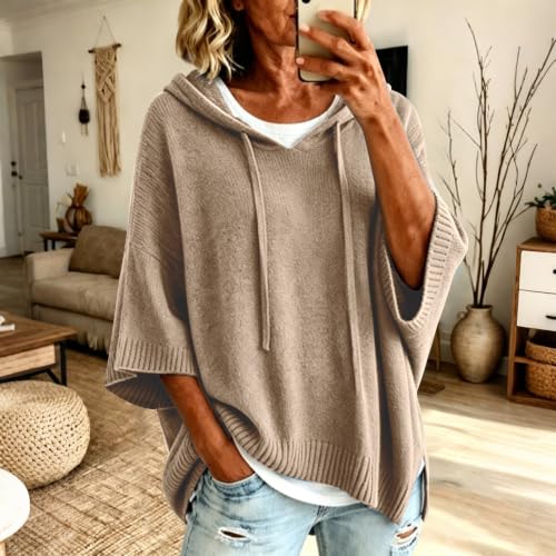 Poncho Sweater Women Hooded Batwing Sleeve Loose Fit Knitted Pullover Tops - image 3
