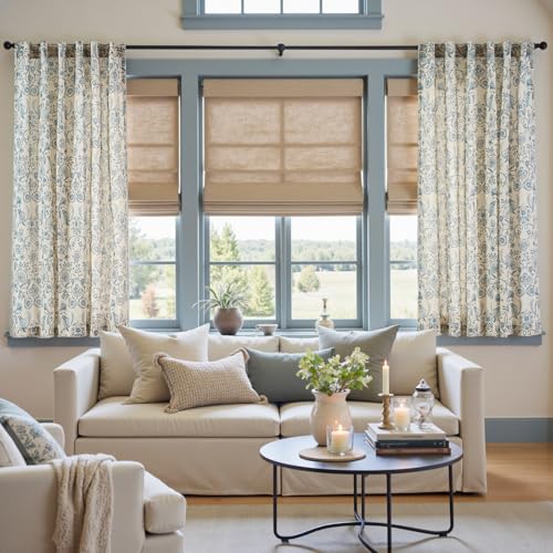 Image of jinchan Linen Floral Curtains for Living Room with Printed Flower 63 Inches Long Light Filtering Farmhouse Window Treatment Vintage Short Drapes Back Tab Rod Pocket 2 Panels Blue on Beige