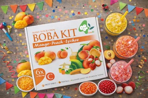 Bobo4T Bubble Tea SET C – Pfirsich-, Mango- & Lychee Bobas, Jasmin Grüner Tee Pulver mit Fruchtsirup | Komplett Set für 6 Drinks | Einzeln verpackt für maximale Frische |