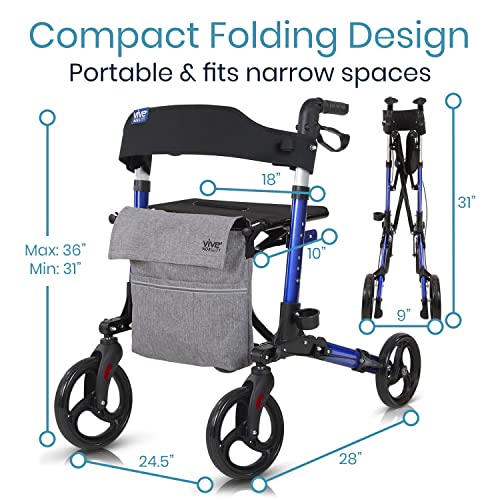 Vive Mobility Rollator Walker With Seat- Folding 4 Wheel Medical Rolling Walker With Bag - Mobility Aid For Adult, Senior, Elderly & Handicap - Aluminum Transport Chair - 5
