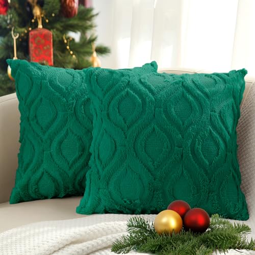 Image of decorUhome Fall Throw Pillow Covers 24x24 Inch Set of 2, Soft Plush Faux Wool Green Solid Couch Pillow Covers, Accent Euro Sham Farmhouse Neutral Square Pillow Cases for Sofa Bed Living Room