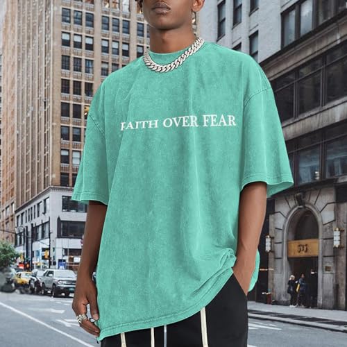 Image of Christian Faith Over Fear Shirt for Men Jesus Religious Shirts Oversized Graphic Tees Acid Wash God T-Shirt