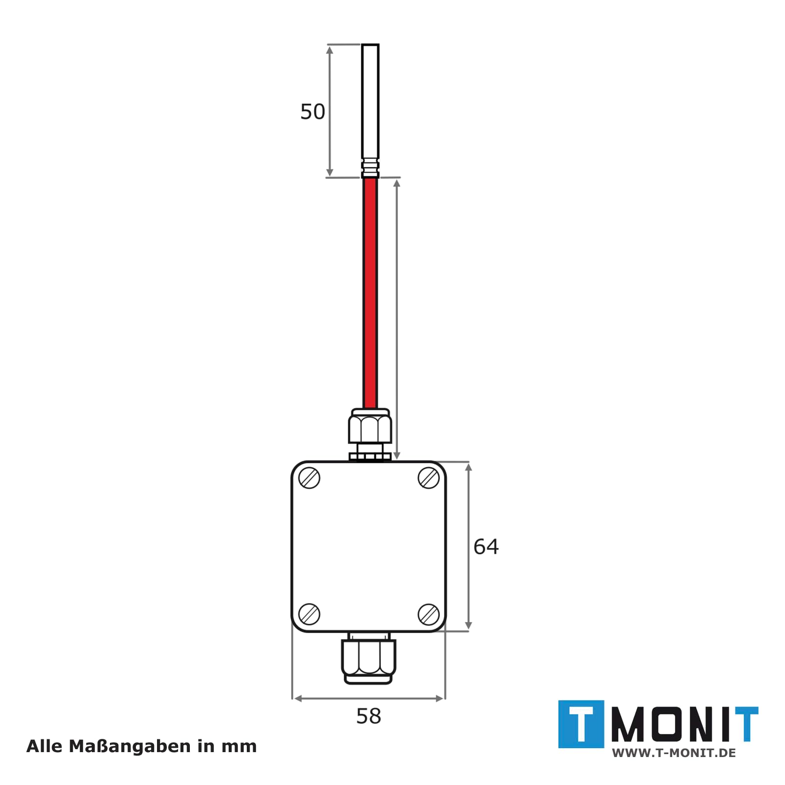PT1000 Temperaturfühler, 0-10V oder 4-20 mA Messumformer, -50 bis 200 °C, IP65 strahlwassergeschützt, Strom- oder Spannungsausgang, Silikon-Leitung - für HLK & Industrie