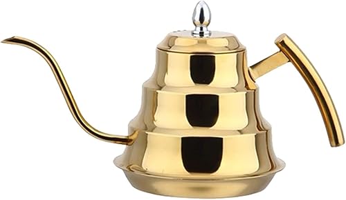 Cafetera de acero inoxidable con boquilla de cuello de ganso, hervidor de café de goteo de mano de 1.2L, cafetera de té y café con tapa (platadorada)