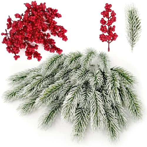 50stk Künstliche Tannenzweige 10cm mit Schnee, roten Beerenstielen,...