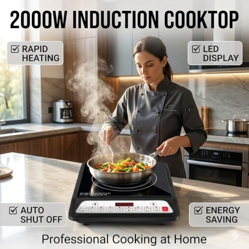 Image of 2000W Induction Cooker with Slide Touch Sensor & Digital LED Display | 9 Heat Levels | 4-Hour Timer & Auto Shut-Off | Crystal Glass Top | Portable Energy Efficient Electric Cooktop Cookware