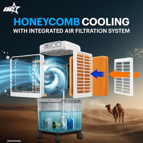 Image of OG STAR 55L Personal Air Cooler with Honeycomb Pads, 3-Speed Control, Water Level Indicator & Water Inlet Powerful Evaporative Cooler for Home, Office & Outdoor Use