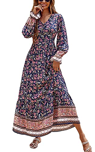 PRETTYGARDEN Long Sleeve Dress Women - Casual V Neck Floral Bohemian Pleated Flowy Long Maxi Dress (Navy,Medium)