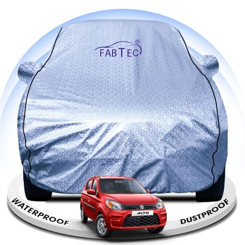 Image of FABTEC Metallic Silver Waterproof Car Body Cover for Maruti Alto 800 Sun, UV and Dust Protection with Mirror Pocket (Reflective Silver with Black Piping)