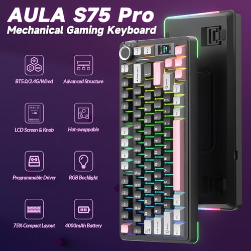 Image of AULA S75 PRO Wireless Mechanical Keyboard with Screen&Knob, 75% Hot Swappable Gaming Keyboard with Pre-lubed Switches, RGB Backlit, PBT Keycaps Creamy Sounding Pc Gaming Keyboards