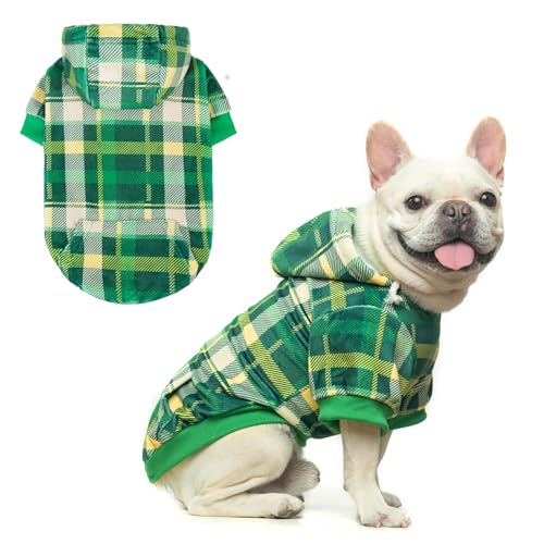 BEAUTYZOO-Plaid-Dog-Hoodie-Dog-Clothes-for-Small-Medium-Dogs-British-Style-Fleece-Dog-Sweater-with-Pocket-and-Leash-Hole-St-Patricks-Day-Pet-Outfit-Puppy-Sweatshirt-Pullover-French-Bulldog-Coat