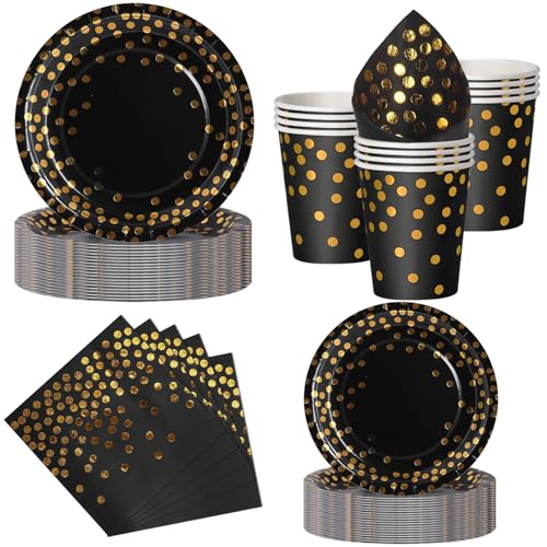 Nkaiso Set de Vaisselle Jetable 50 Pièces Noir Or, Service Tout-Inclus pour 10 Personnes - 10 Assiettes Plates, 10 Assiettes Dessert, 10 Gobelets, 20...