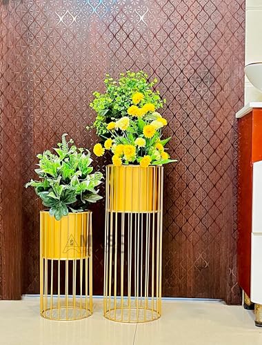 Image of Modern Metal Decorative Floor Standing White And Gold Indoor Outdoor Plant Stand With Pot For Home Decor Living Room Office Bedroom Balcony Set of 2 Flower Pots (Gold)