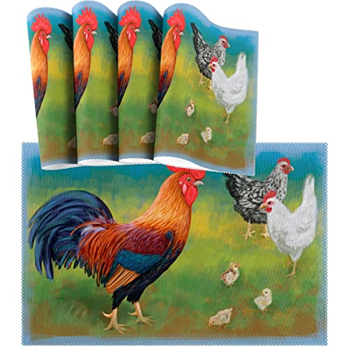 Brightly Colored Rooster With Chickens Heat-Resistant Table Placemats Set Of 4 Anti-Skid Table Mats Washable Eat Mat Home Dinner Decorative #TOP15