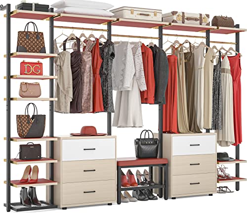 Cyclysio 96'' Heavy Duty Closet System, Large Wooden Garment Rack, Wall Mounted Walk-In Closet, Clothing Rack With Shelves, Closet Organizer System With Stool, 14 Shelves, 6 Drawers, 4 Rods, Black #TOP7