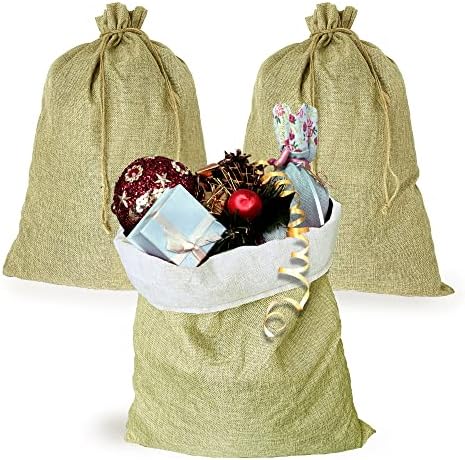 SADIKALO 3Pcs Extra Large Gift Bags with Drawstring 20'' Burlap Sacks Garden Jute Bags for Large Gift Wrapping, Birthday Wedding Christmas, Jewelry Packaging, DIY Craft