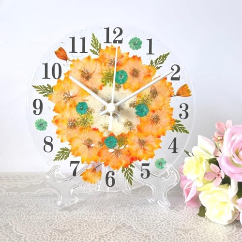 押し花 花時計 フラワーサークル 掛け時計 置時計 φ15cm ハンドメイド ギフト 可愛いボックス入り (オレンジ)