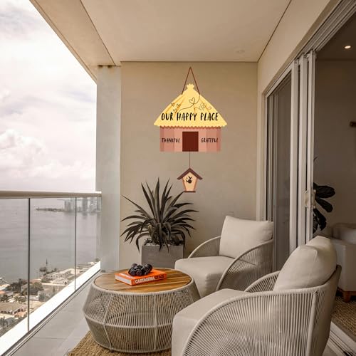 Image of GENXTRA Wooden Our Happy Place MDF Hut Wall Hanging - 50 cm Rustic Home Sign | Thankful & Grateful Decor for Home Entrance, Drawing Room, kitchen or Balcony | Decorative Plaques for Housewarming (HOME 01)
