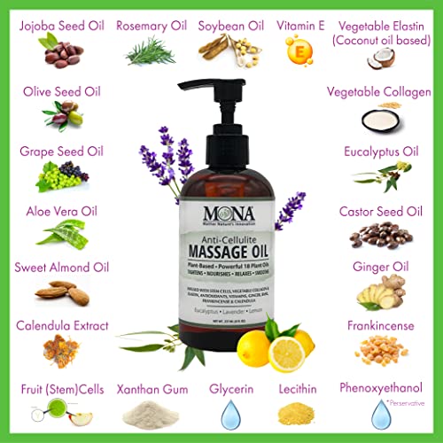 Mona Brands Plant-Based Anti-Cellulite Massage Oil | Botanical Skincare Oil W/Therapeutic 18 Plant Oils | Stem Cells Vegetable Collagen Elastin | (Eucalyptus - Lavender - Lemon, 8 Fl Oz (Pack Of 1)) #TOP3
