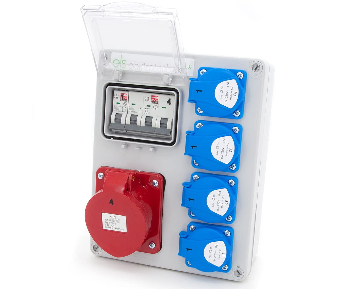 ELS Elektrotechnika Distribuidor de corriente de construcción, distribuidor de pared, caja vacía, enchufe Schuko 4 x 230 V + LS C16 y 1 x CEE 32 A + LS C32 cableado, listo para conectar, taller,