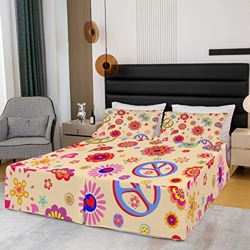 Groovy Flower Bed Skirts Retro Groovy Bed Skirt 70S Vintage Psychedelic Floral Bedskirt Boho Exotic Butterfly Peace Sign Pattern Bedding Set Bohemian Abstract Disco Hippie Bed Skirt King Size Soft #TOP2