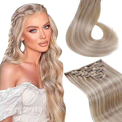 LaaVoo Extensiones Clip Pelo Humano 5 Piezas/70g 12"/30cm Clip Extensiones Destacar Rubio Ceniza Mezclado Rubio Blanqueador Clip in Hair Extensions Double Weft #P18/613 Cover