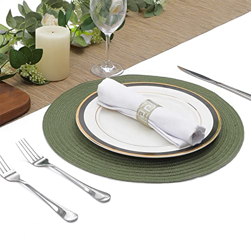 Image of SHACOS Round Placemats Set of 4 Washable 15 inch Round Table Mats Cotton Polyester Woven Braided Place Mats for Dining Table Wedding Party Decor (Olive Green, 4)