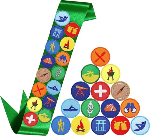 Hndaew Halloween Green Girl Scout Sash Girl Scout Costume with 15 PCS Wildermess Explorer Patches Camping Hiking for Vest Uniform Boy Adult Women Men