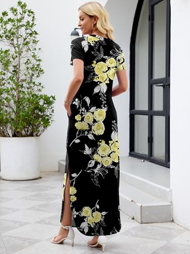 Image of Heymoments Womens Summer Maxi Dress Short Sleeve Casual Loose Long T Shirt Split Vacation Beach Sundress with Pockets
