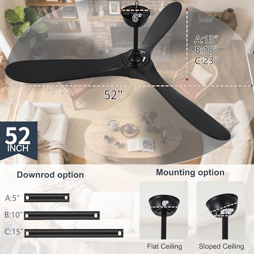 Image of Black Ceiling Fan with Light 52 Inch, Outdoor Ceiling Fans with Lights and Remote for Indoor Bedroom Living Room Patios Gazebo Modern Wooden 3 Blade Propeller Wet Rated Reversible DC Fan