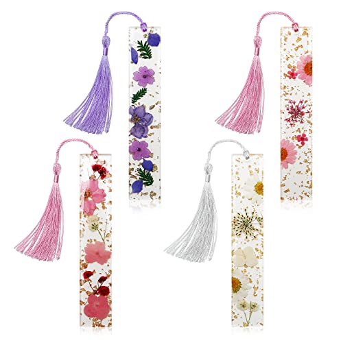 Marcadores de flores secas, marcadores de resina de flores secas Kaluofan con borlas, marcadores duraderos de resina de flores secas hechas a mano, bonitos y aumentan el interés de lectura (4 piezas)