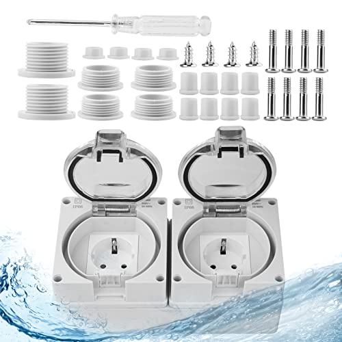 IP66 Prise étanche - Double Prise Étanche Avec Interrupteur Indépendant, Prise extérieure étanche à la poussière Avec Couvercle à charnière,Prise Électriques Murale pour Cuisine Salle de Bain, Garage Cover