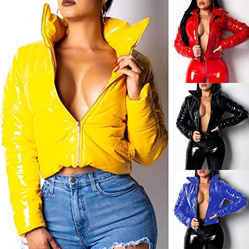 Uofoco Winter Jackets For Women Shiny Pu Leather Zipper Front Quilted Down Jacket Short Puffer Coat Outerwear (Xx-Large,Yellow) #TOP2