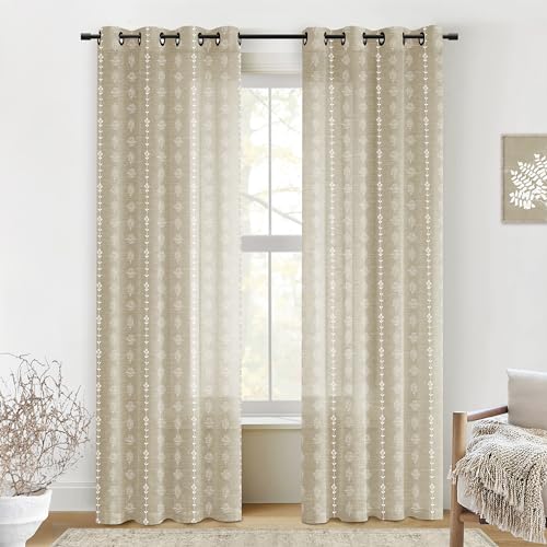 Image of Tan Beige Neutral Curtains for Living Room,White Floral Pattern Linen Sheer Country Boho Block Print Farm House Curtains 84 Inches Long 2 Panels Set,Khaki