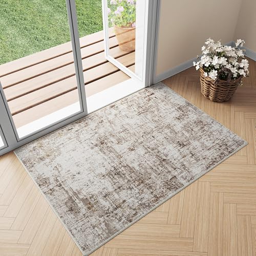PureCozy 2x3 Washable Area Rug Beige Abstract Non Slip Carpet for Entryway Kitchen Soft Low Pile Neutral Modern Throw Indoor Door Mat Living Room Bedroom Office Bathroom