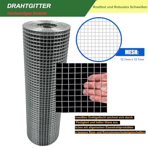 YAGJIA Wühlmausgitter 1m x 10m, Volierendraht 12.7mm x 12.7mm, Maschendraht Drahtgitter verzinkt, Metallgitter als Hasendraht Kaninchendraht Hühnerdraht, 0,7mm