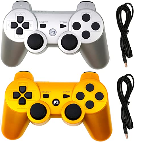 Molgegk Wireless Controllers Replacement For PS3 Controller, Compatible with Play-Station 3 Console, Upgraded Joystick Double Vibration Motion Gamepad With Charging Cable(Gold and Silver)