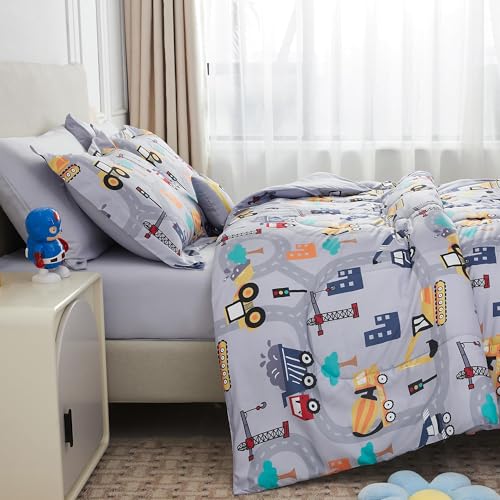 Image of Mooreeke Kids Twin Comforter Sets for Boys 6 Pieces Excavator Grey Bedding Set for Teens Soft Microfiber Kids Bed in A Bag with Comforter, Sheet Set, Shams and Decorative Toy Pillow All Season