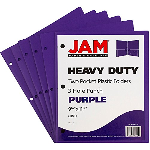 Jam Paper Heavy Duty Plastic 3 Hole Punch Pocket Folders - Extra Tough School Folders - Purple - 6/Pack #TOP1
