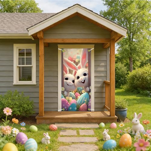 Image of Easter Door Cover 35.43 x 70.87 Inch Two Cute Bunnies Peeking from Wooden Frame with Colorful Eggs Spring Flowers and Soft Lighting Ideal for Holiday Door Decoration and Seasonal Display