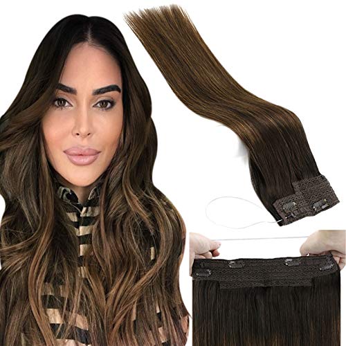 JoYoung 16inch Balayage Brown Hair Extensions Halo Human Hair Darkest Brown to Medium Brown Halo Hair Extensions Human Hair Hidden Crown Fish Wire Hair Extensions Halo Human Hair 80grams