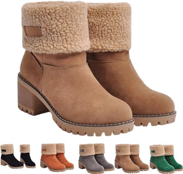 Womens Winter Boots Ladies Fur Lined Mid Calf Boots,Boots for Women Flat Suede Winter Warm Chunky Heel Snow Boot,Ladies Casual Fashion Ankle Booties Outdoor Size 4-7.5 UK