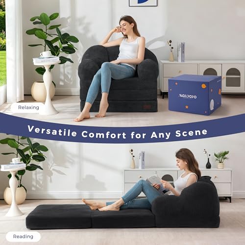 Image of MAXYOYO Folding Sofa Bed, Floral-Shaped Convertible Floor Sofa Couch with Backrest, 2 in 1 Comfy Lounger Bean Bag Chair with Handle, Floor Single Couch for Living Room Bedroom, Black