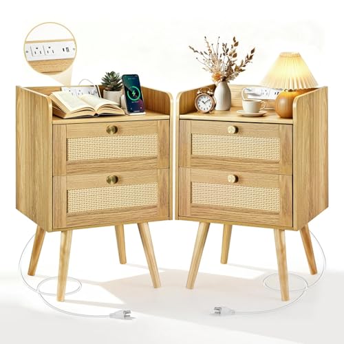 Nightstands Set of 2 with Charging Station Modern Boho Rattan Bedside Tables with 2 Drawers Open Storage End Tables for Bedroom Small Spaces and Dorm Solid Wood Legs Natural