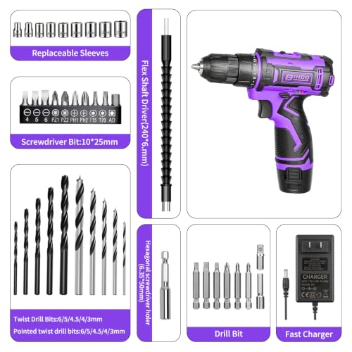 Image of Purple 12V Cordless Drill,Electric Power Driver Kit,3 /8-Inch Keyless Chuck, Variable Speed,with Drills Bits Set for Home DIY
