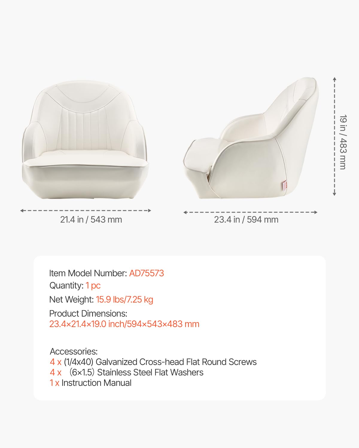 VEVOR Sedile per Barca, Schienale Basso, Sedile Ribaltabile per Barca con Cuscino in Spugna Ispessita e Pelle Impermeabile, Design Ergonomico, per Barche da Pesca, Yacht, Navi, Bianco