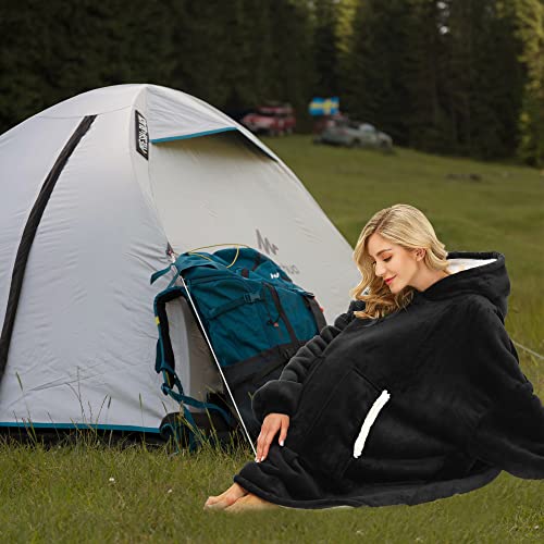 Kipswiza Wearable Blanket Hoodie for Women and Men, Cozy Soft Sherpa Oversized Hooded Blankets Sweatshirt as Birthday Gifts for Her Mom Girlfriend Boyfriend, Black